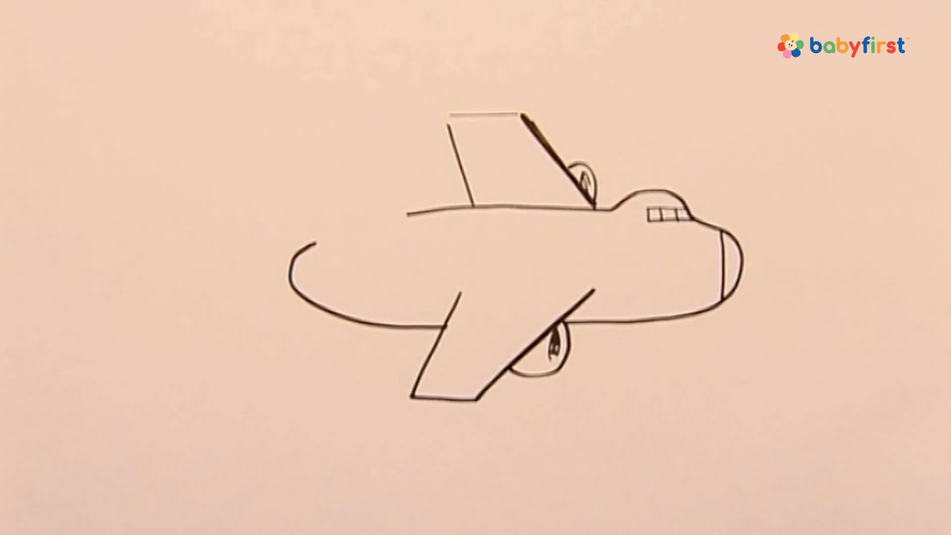 A simple airplane drawing is centered, its black lines stark against the pale background. The cartoon plane has wings, a tail, and two wheels, all drawn in a basic, childlike style.
