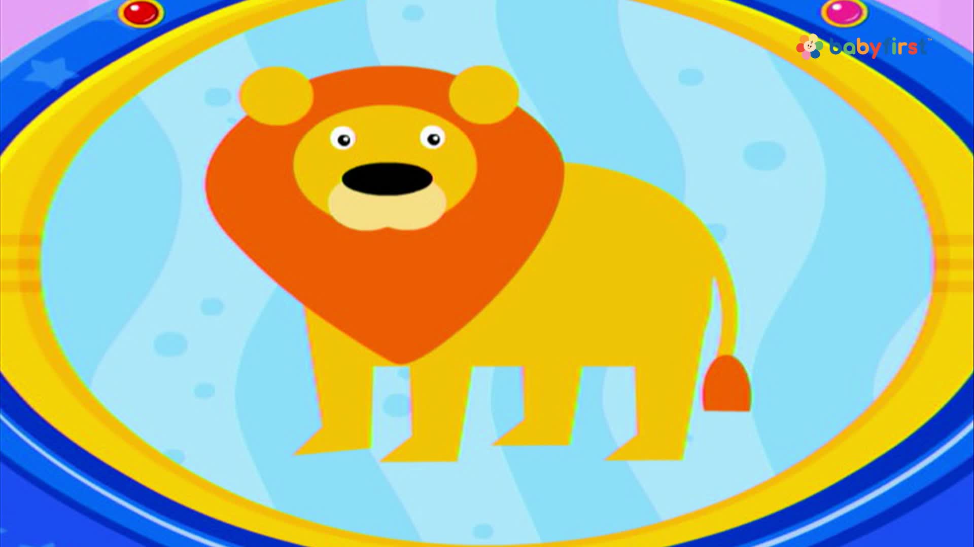 A cartoon lion, with a bright orange mane, stands inside a blue and yellow circle. The background is a light blue with white, wavy lines.
