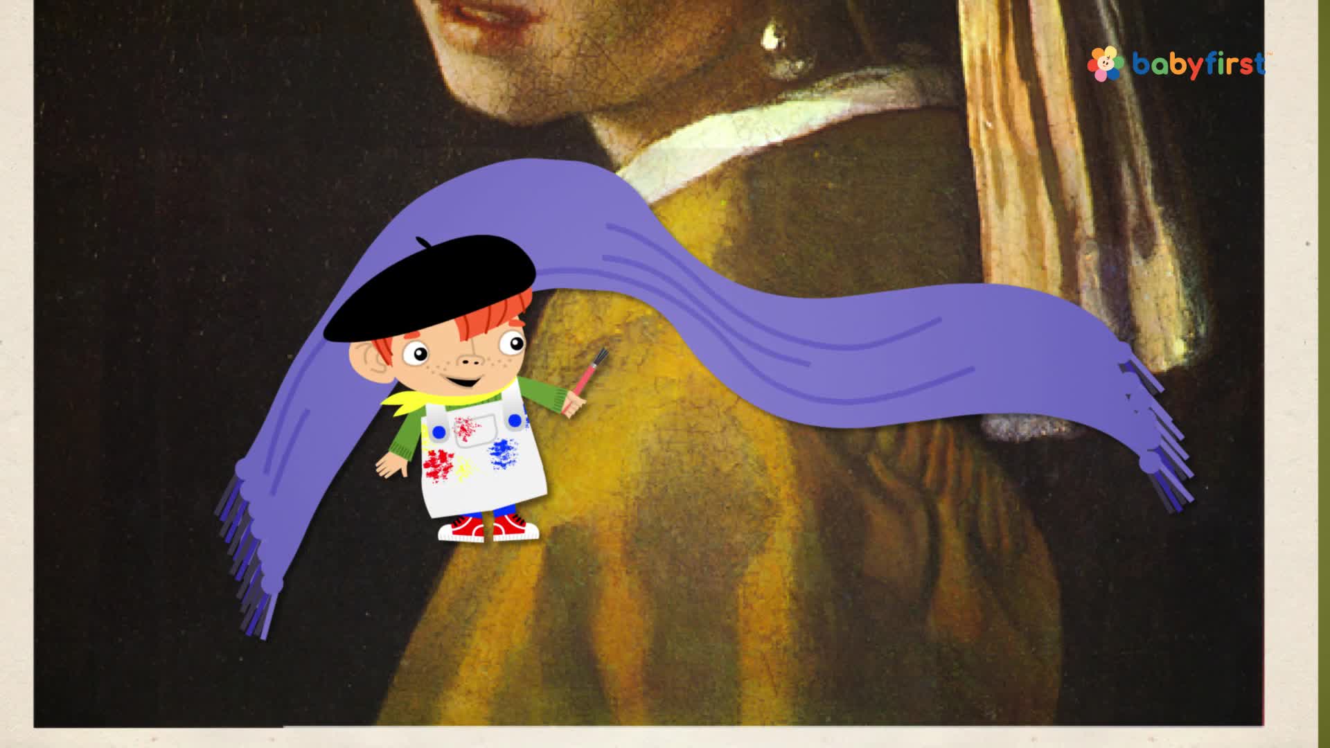 A cartoon artist, complete with beret and paint-splattered apron, is holding a crayon. A swirling purple scarf floats over a section of a painting, likely from a BabyFirst segment.
