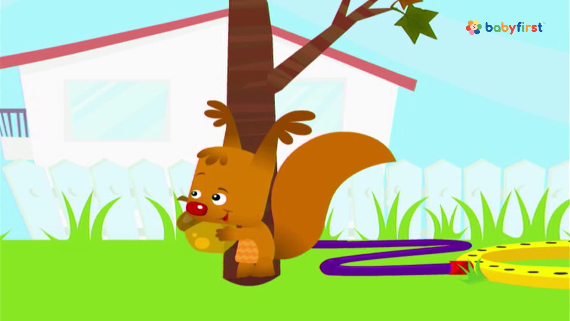 A cartoon squirrel clings to a tree, holding a large acorn.  A purple hose and yellow hoop lie on the grass nearby.
