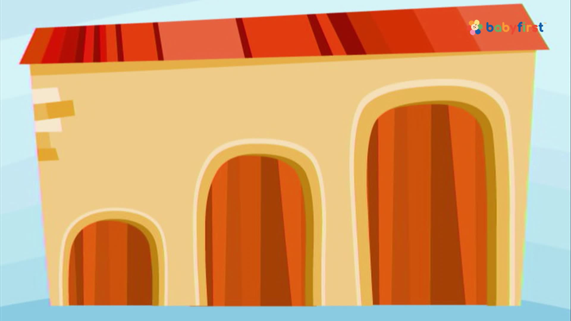 A cartoon building with three arched doorways stands against a light blue background. The roof is red, and the doors are a darker shade of orange.
