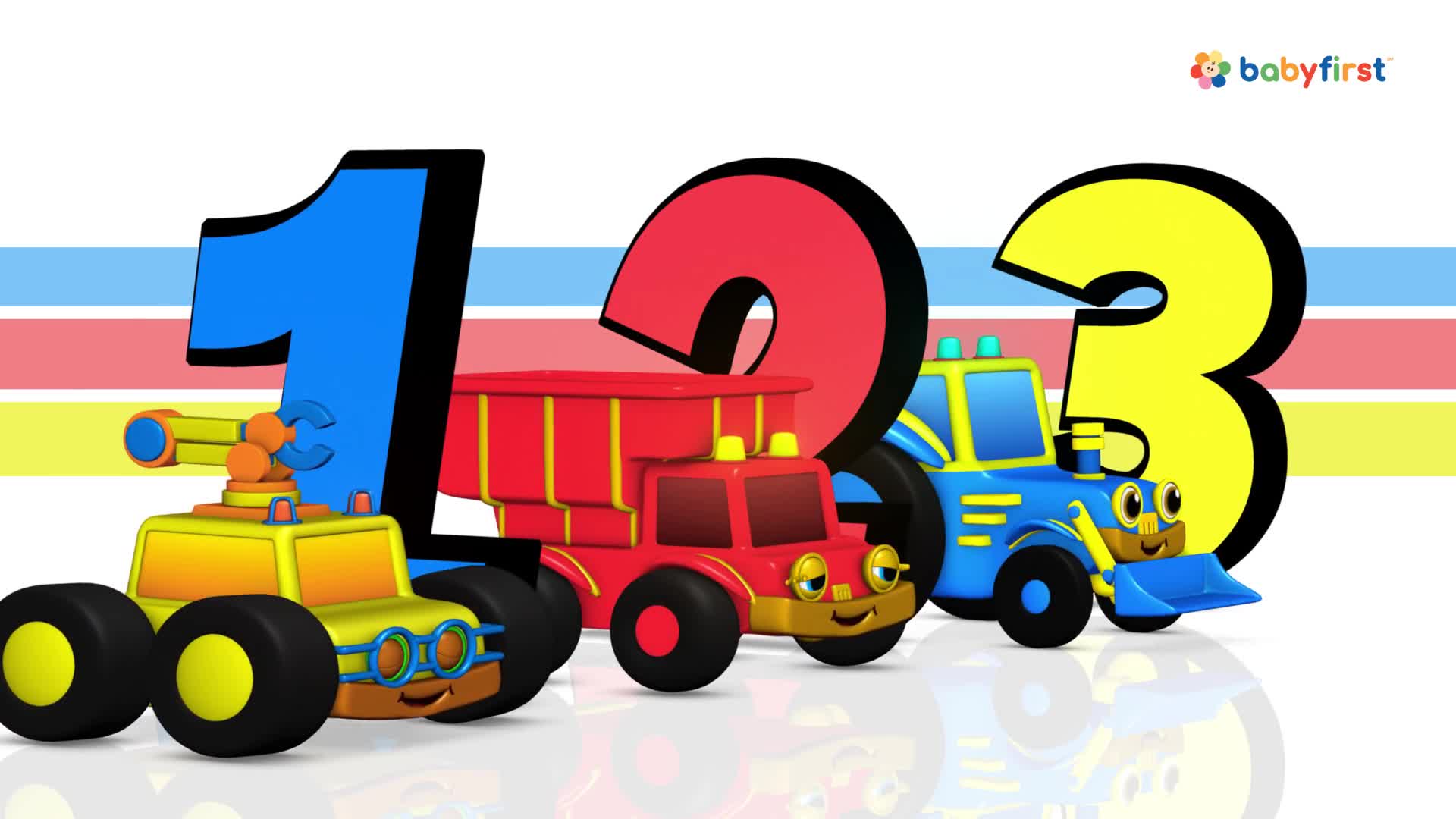Three cartoon trucks, each with a smiling face, sit in a row in front of giant numbers. A blue "1", a red "2", and a yellow "3" stand behind them, forming a colorful backdrop.
