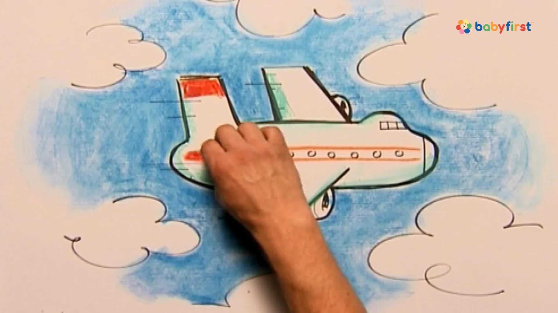 A hand is coloring a cartoon airplane, the tail already red. The plane is drawn against a blue sky with white, cartoon clouds.
