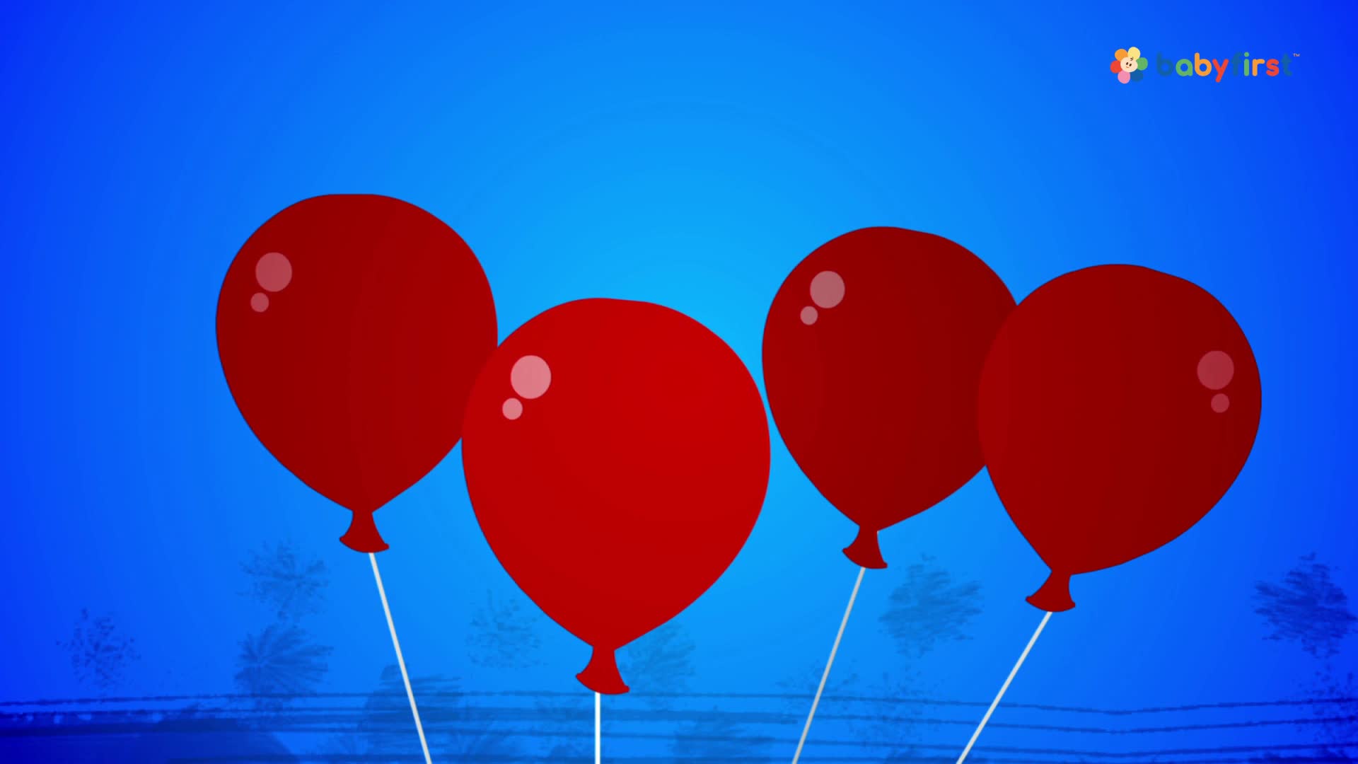 Four red balloons float against a bright blue background. Each balloon is tethered by a thin, white string.
