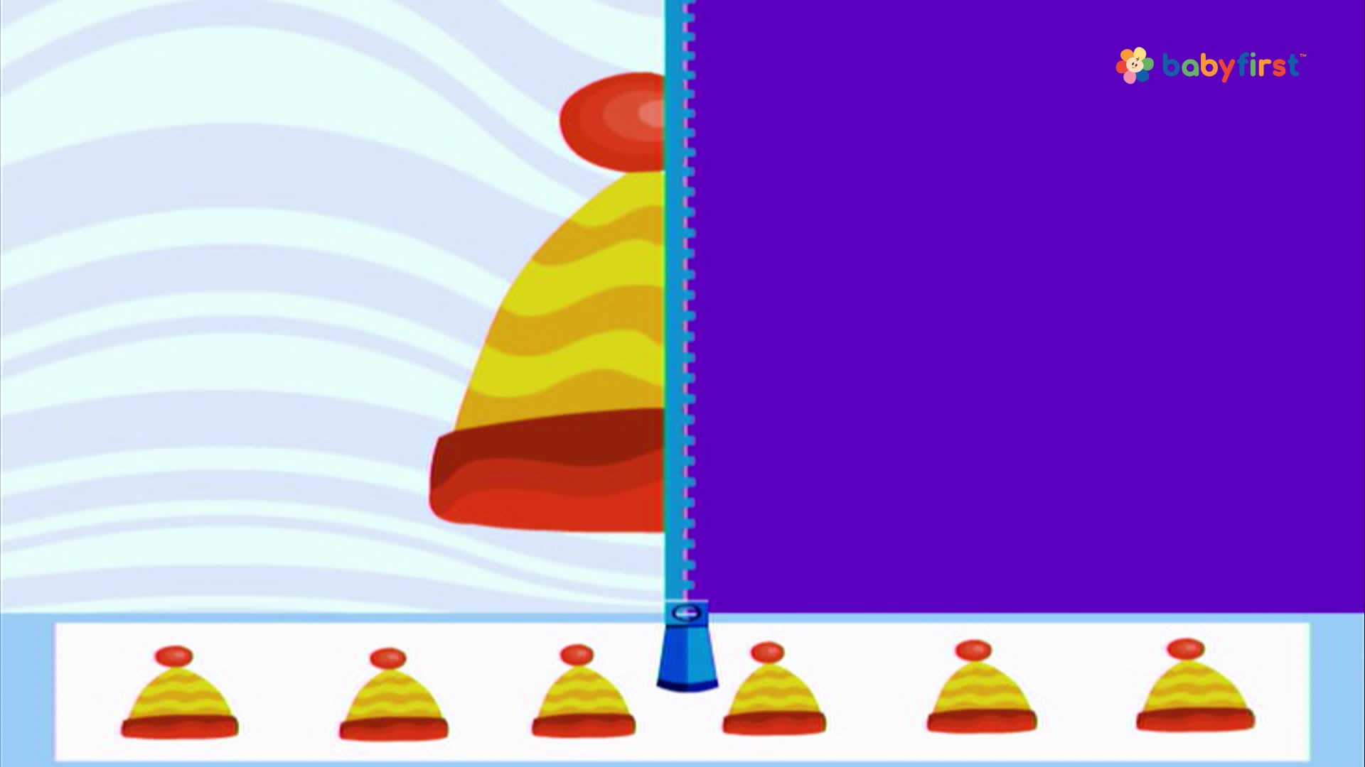 A cartoon hat is partially revealed as a zipper pulls down a purple curtain. Below, several identical hats are lined up on a white base.

