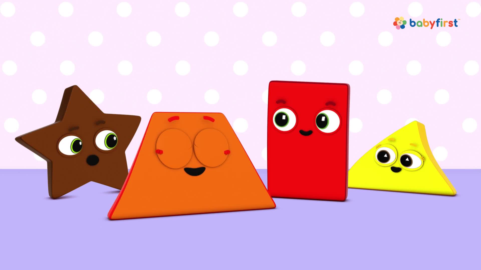 Four animated shapes, each with big eyes and smiles, stand together on a purple surface. A brown star, orange trapezoid, red rectangle, and yellow triangle are all facing forward against a dotted background.
