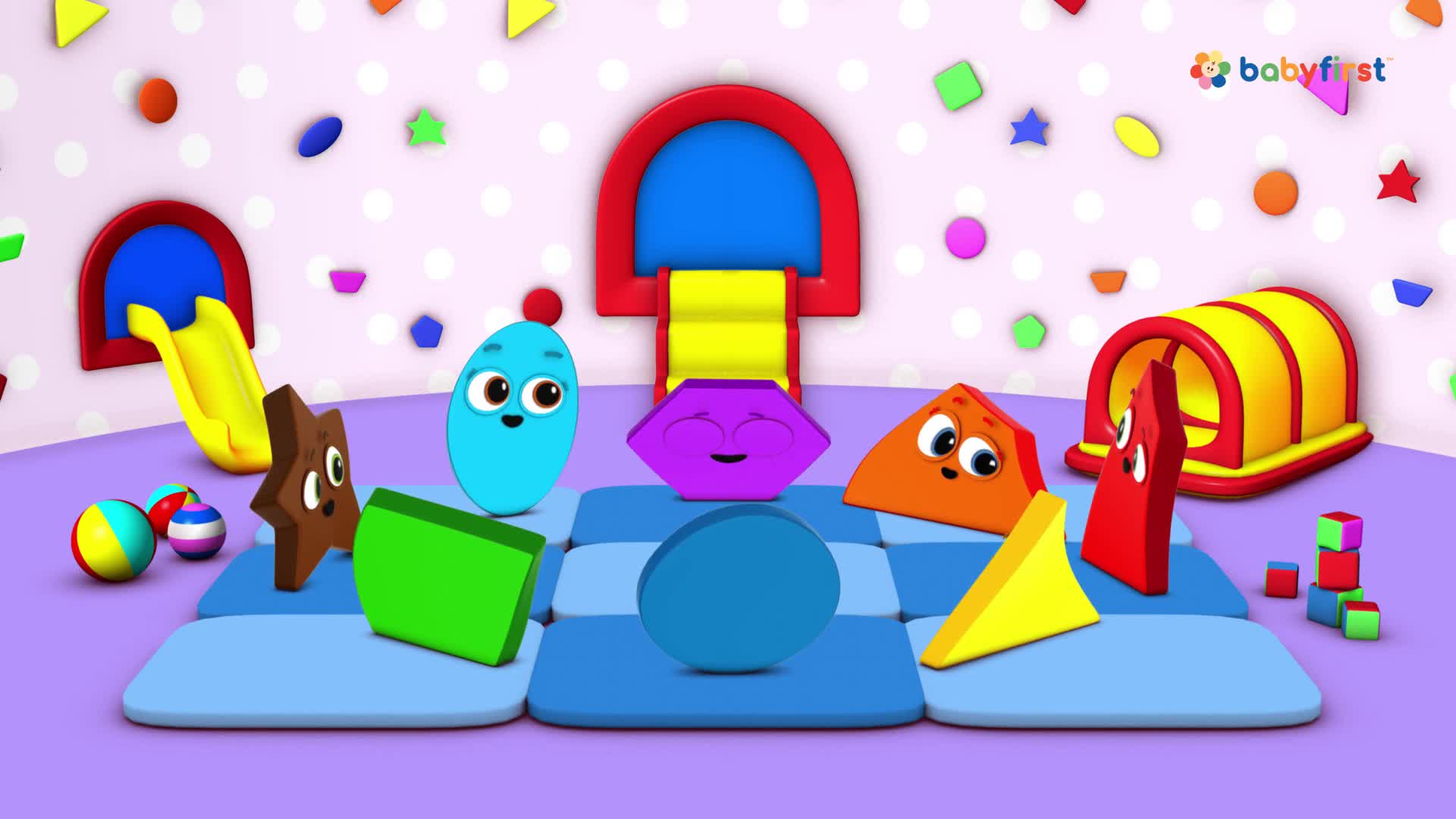 Smiling, animated shapes, like a star and a triangle, are scattered across a checkered floor. A small, yellow slide and a red tunnel sit nearby, while colorful shapes float in the background.
