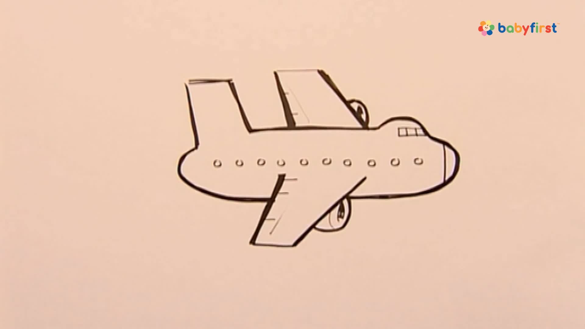 A simple airplane drawing, outlined in black, is centered on a light-colored background. The plane's wings and tail are clearly defined, with small details like windows and propellers.
