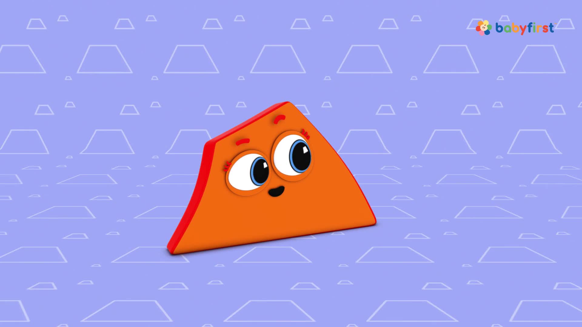 A friendly orange triangle with big blue eyes is centered against a patterned background. It's a scene from BabyFirst, a children's television channel.
