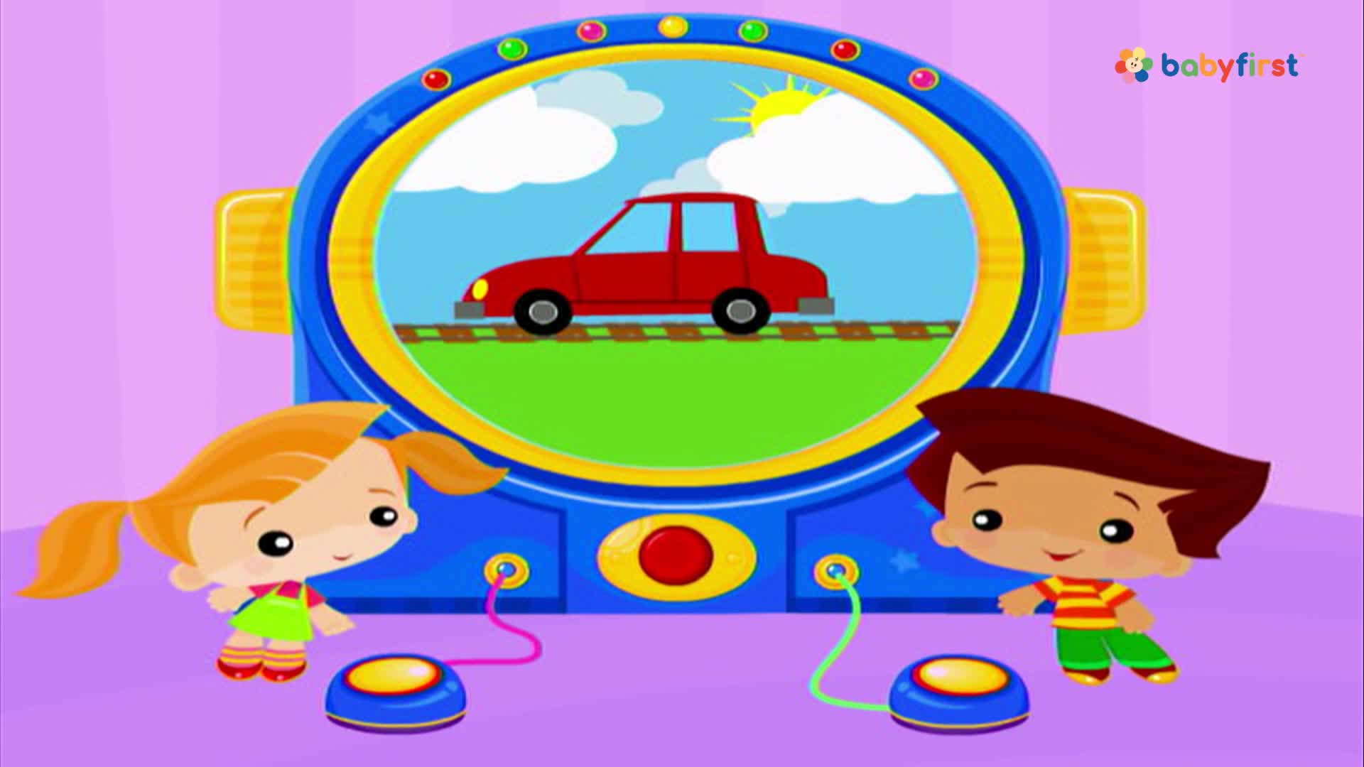 A red car sits on a track inside a blue frame, and two cartoon children are poised to press buttons. Each child holds a wire connected to their own button.
