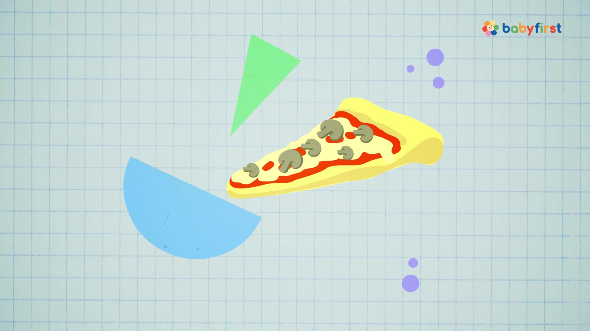 A cartoon pizza slice with mushrooms and red sauce is floating near a green triangle and a blue semicircle. Little purple circles dot the background.
