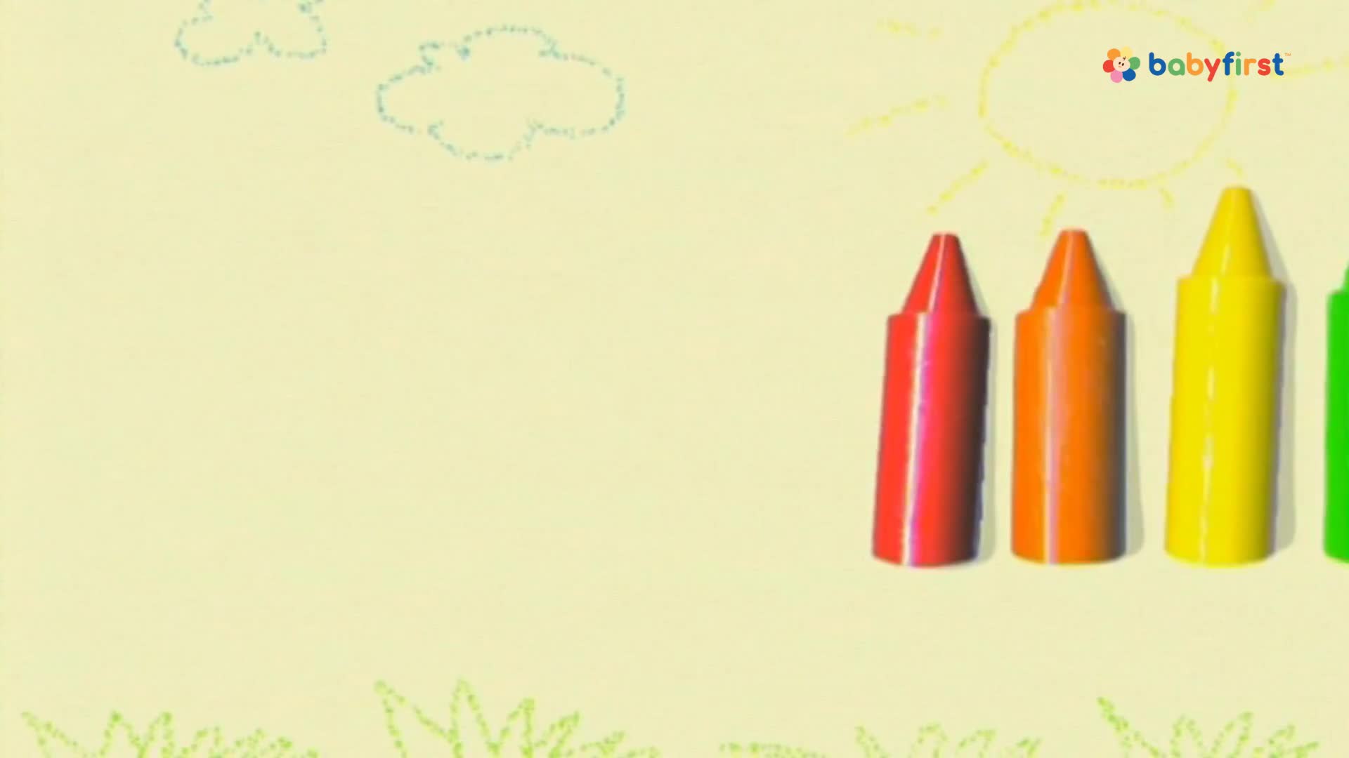 A row of crayons, red, orange, yellow, and green, stand upright against a pale yellow background. Above, a sun and clouds are drawn in a child's style.
