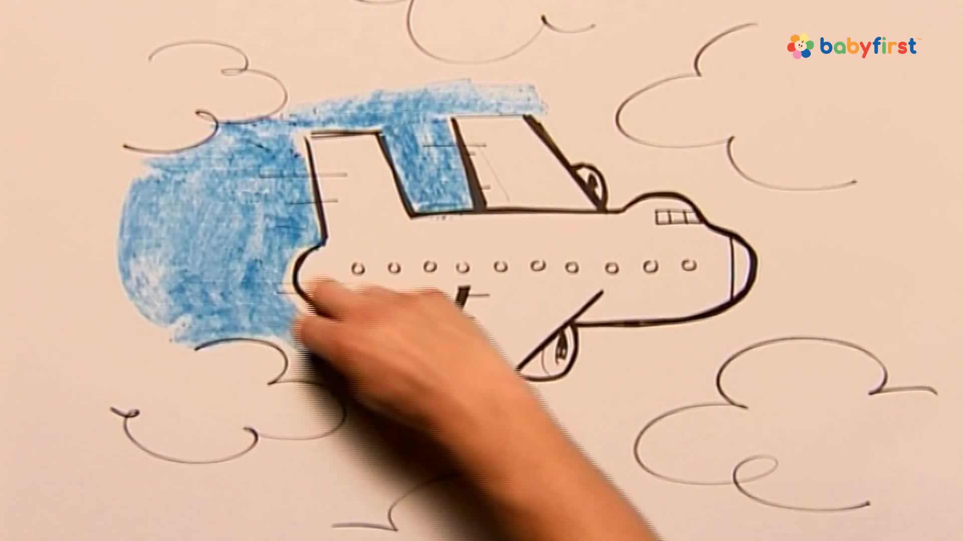 A hand is coloring the sketched airplane's background with blue. The drawing of the plane, outlined in black, is surrounded by simple cloud shapes.
