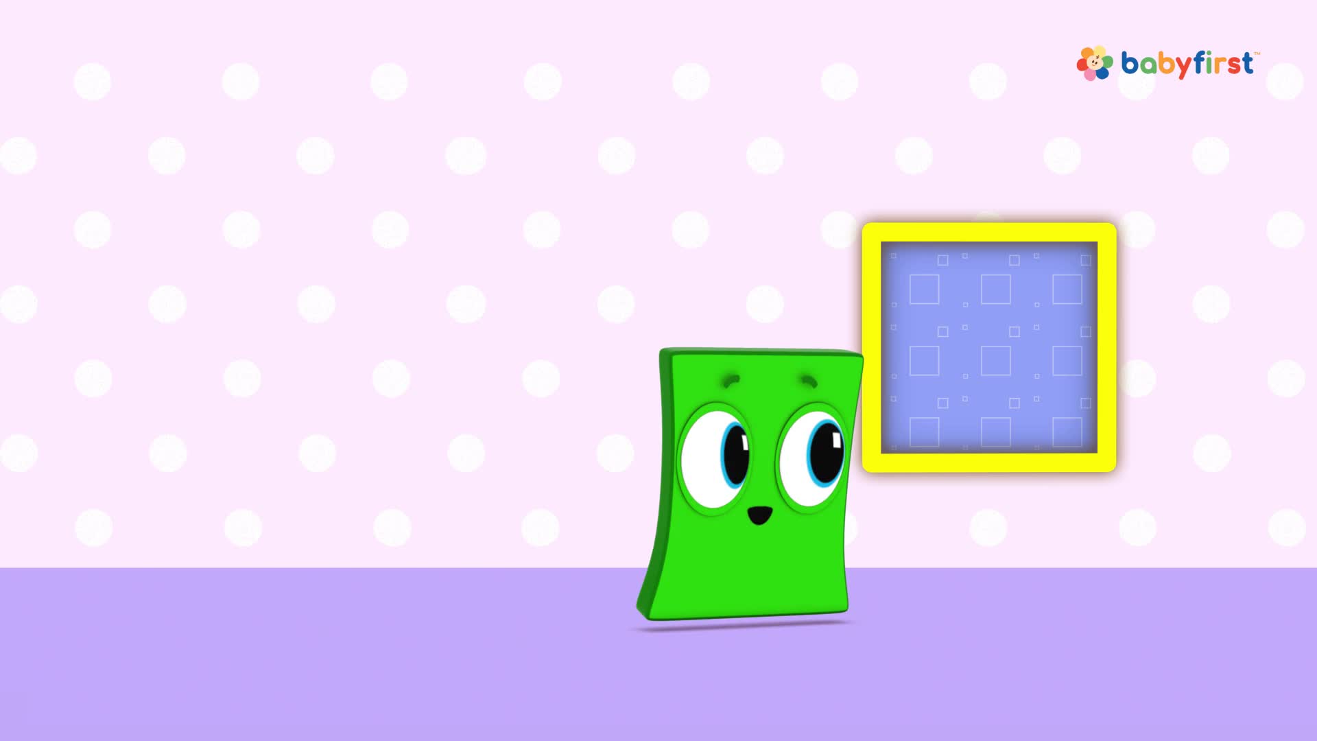 A green, rectangular character with big eyes stands on a purple floor. It's looking towards a yellow-framed picture hanging on a pink wall.
