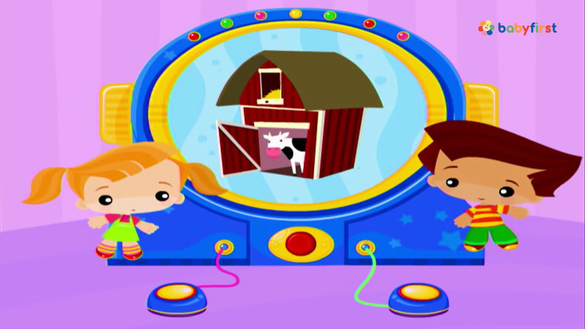 A cartoon cow peeks out from a red barn. Two children stand beside buttons connected to the barn.
