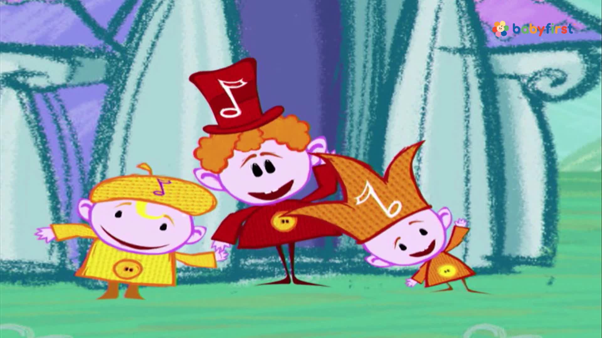Three animated characters, each with a musical note on their headwear, are smiling. The central figure, in a red outfit and top hat, has a hand on the ear of the character to their right.
