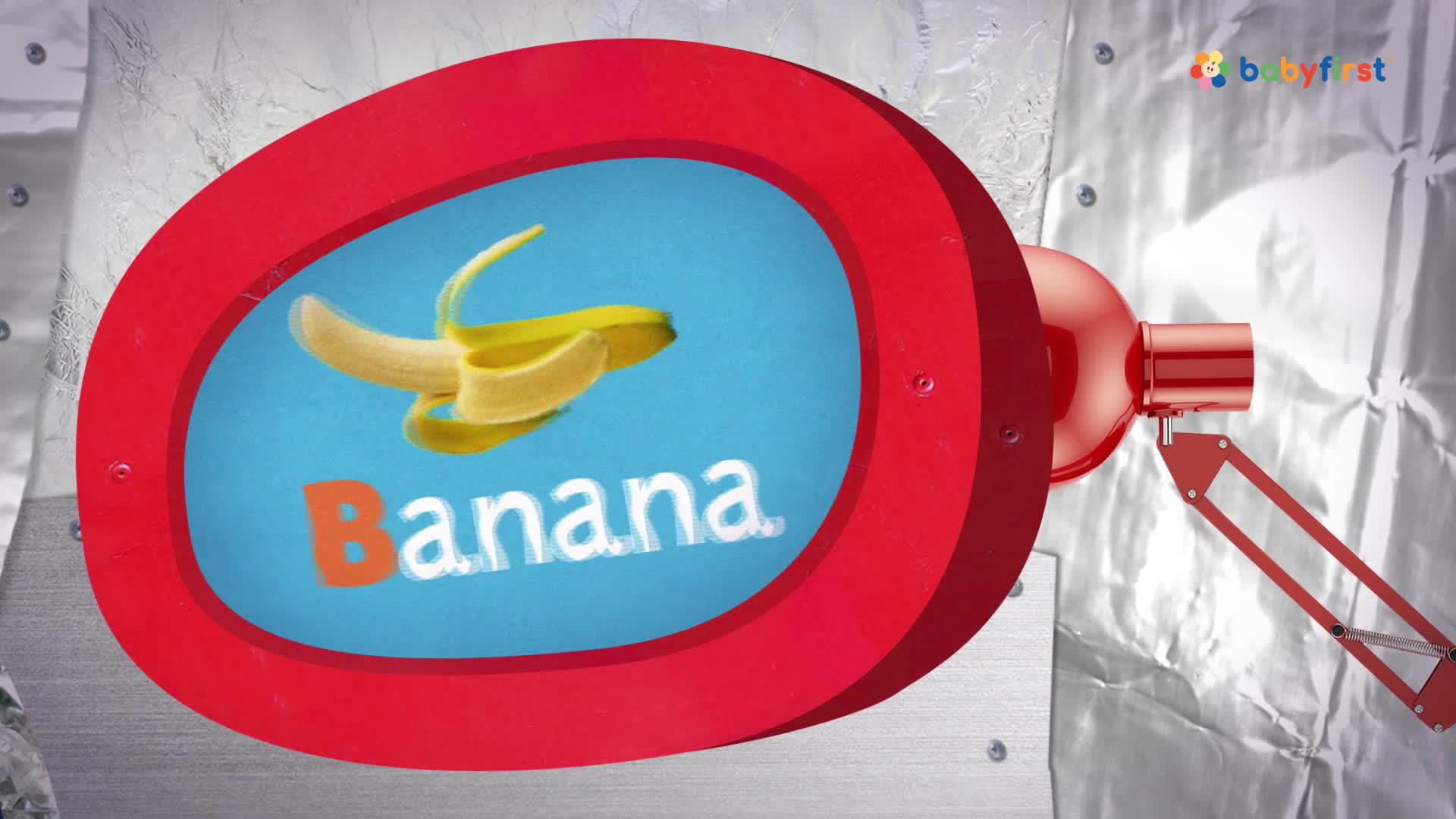 A red, oval-shaped sign, featuring a banana and the word "Banana," is mounted on a metallic surface. The sign is attached to a red, mechanical arm, which appears to be part of a larger, unseen structure.
