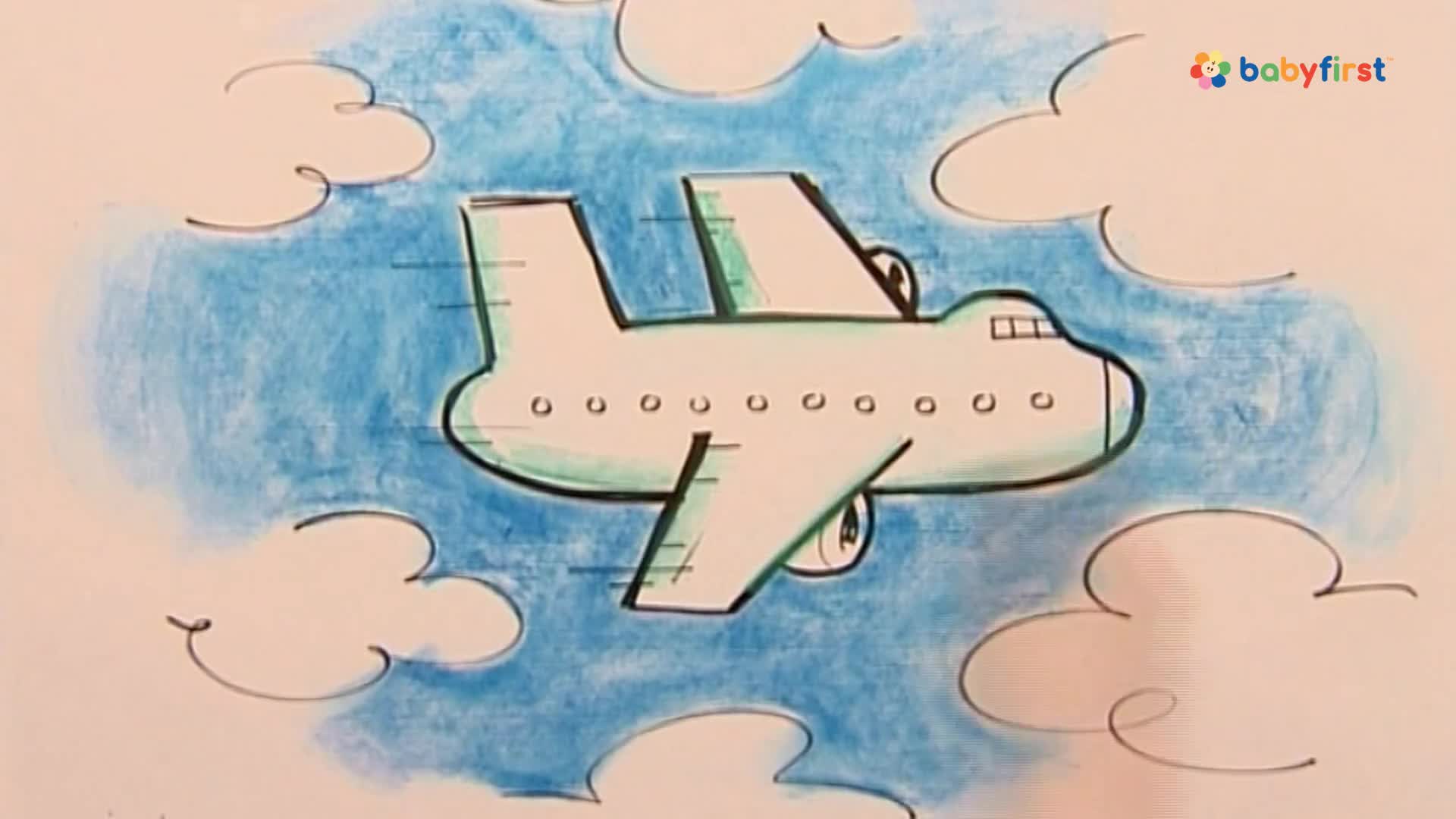 A simple airplane, drawn with black outlines and filled with white, is flying across a blue sky with white, puffy clouds. The plane has a few windows and is leaving a trail of speed lines.
