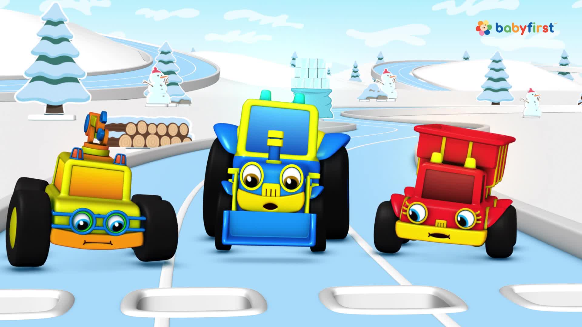 Three cartoon trucks, each with big eyes, are lined up on a snowy track. The yellow one has a crane, the blue one has a front loader, and the red one has a dump bed.
