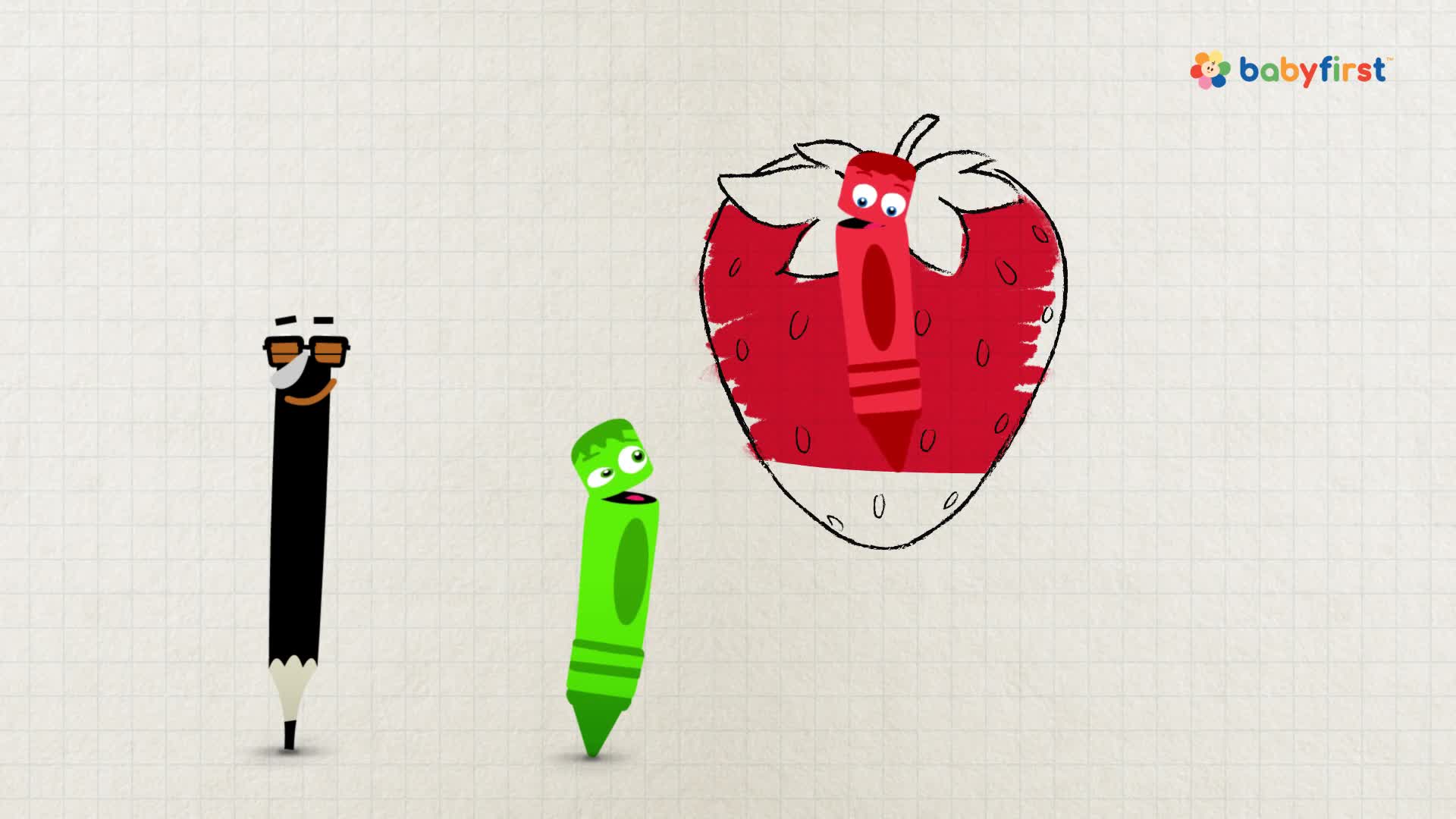A red crayon is inside a giant strawberry, while a green crayon and a pencil watch nearby. The background is a grid, and the BabyFirst logo is in the top right corner.
