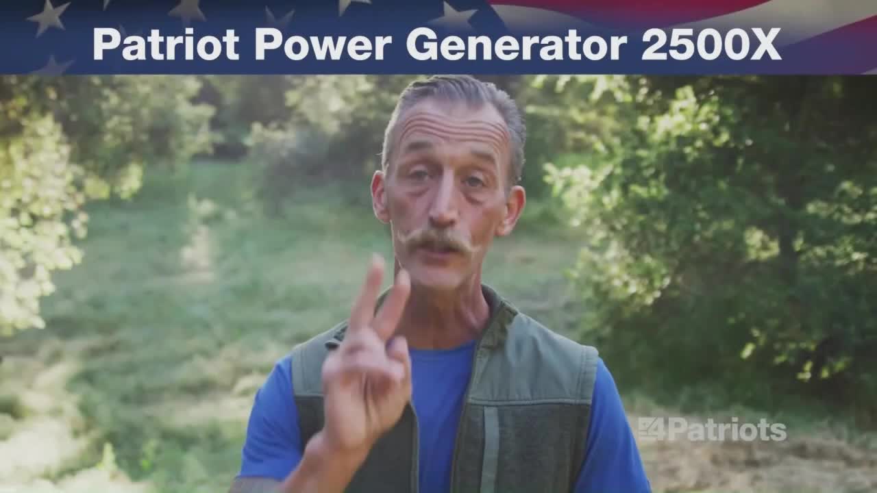 A man with a handlebar mustache gestures with his fingers, presumably counting or making a point. Behind him, a banner advertises a "Patriot Power Generator 2500X."
