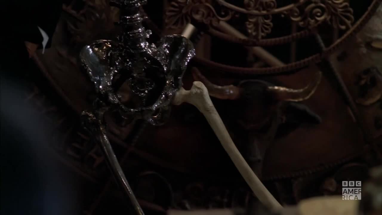 A shiny, metallic pelvis and leg bone are the focus, set against a dark, ornate background. The BBC America logo is visible in the lower right corner.
