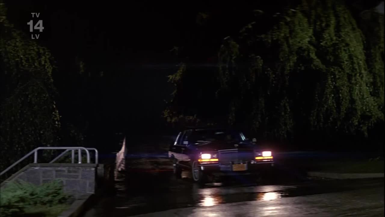A dark car, headlights on, is slowly pulling up to a driveway. The wet pavement reflects the car's lights, and it's late.
