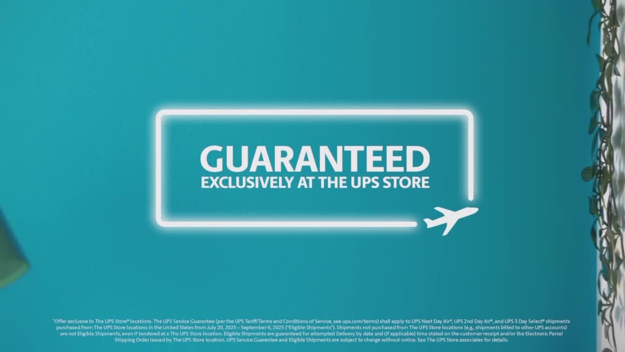 A white airplane icon flies from a glowing rectangle containing the word "GUARANTEED." The text "EXCLUSIVELY AT THE UPS STORE" is written below.
