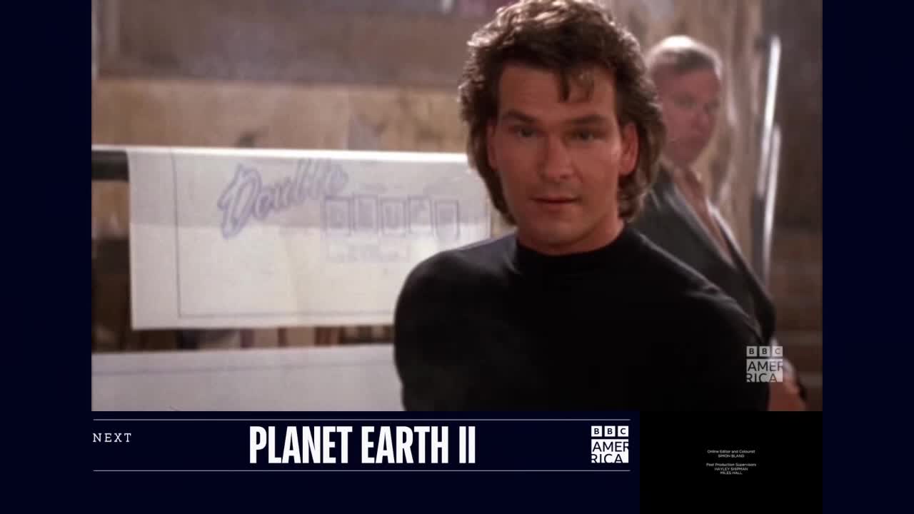 Patrick Swayze, in a black shirt, looks directly at the camera, a poster with "Double" on it behind him. The BBC America logo is in the corner, and the next program is "Planet Earth II."
