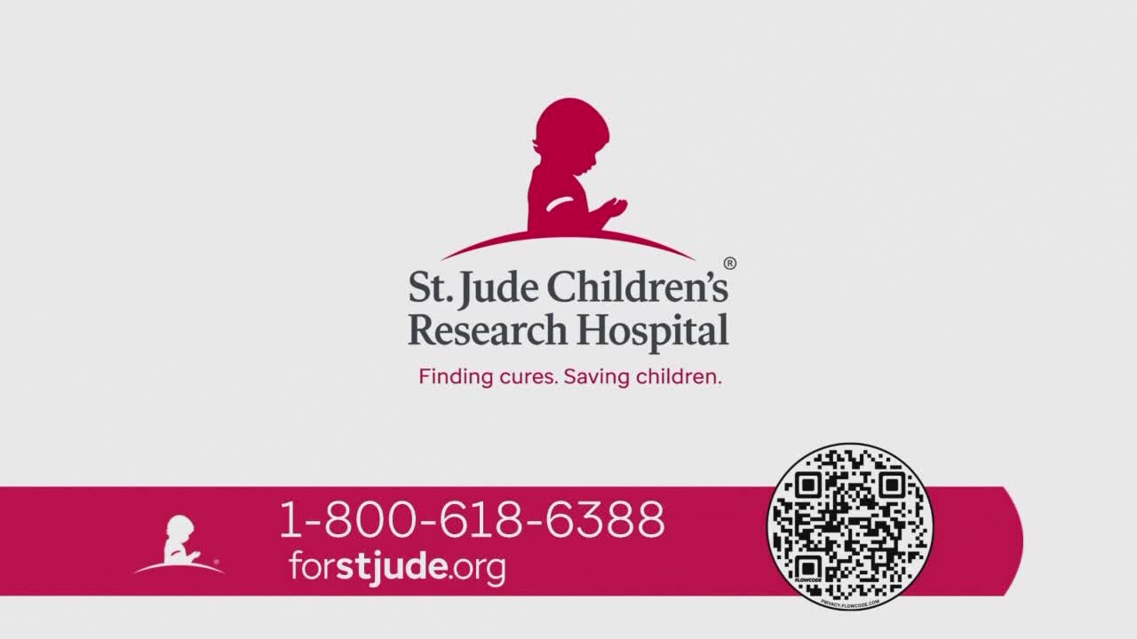 The St. Jude Children's Research Hospital logo sits above a pink banner with a phone number and a QR code. A silhouette of a child is praying.

