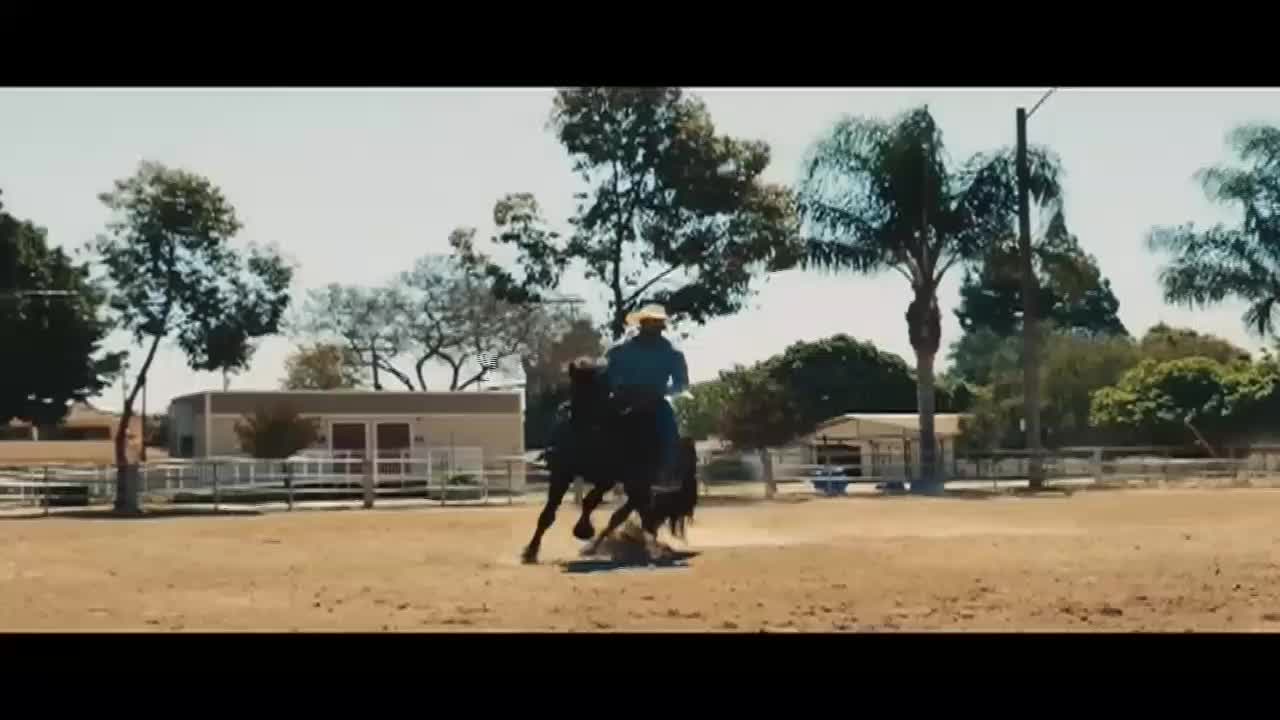 A cowboy on a black horse is making a sharp turn in a dusty arena. The horse kicks up dirt as it pivots, the rider leaning in to maintain balance.
