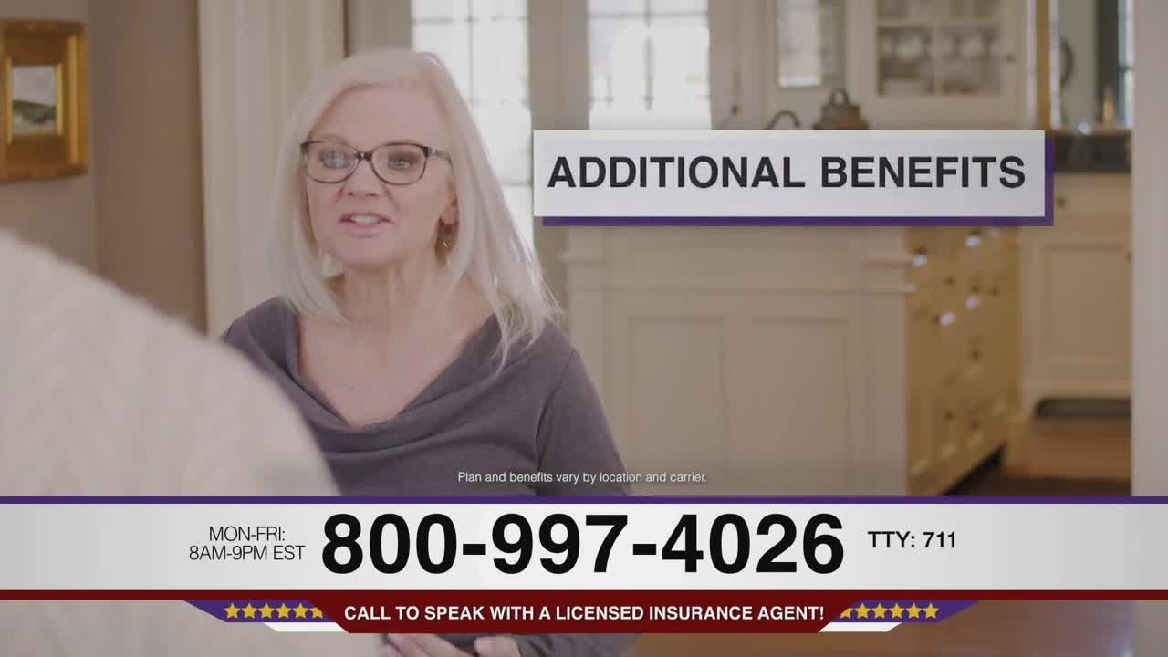 A woman with glasses is speaking, likely in a BET Her commercial. Below her, a phone number and the words "Additional Benefits" are displayed.
