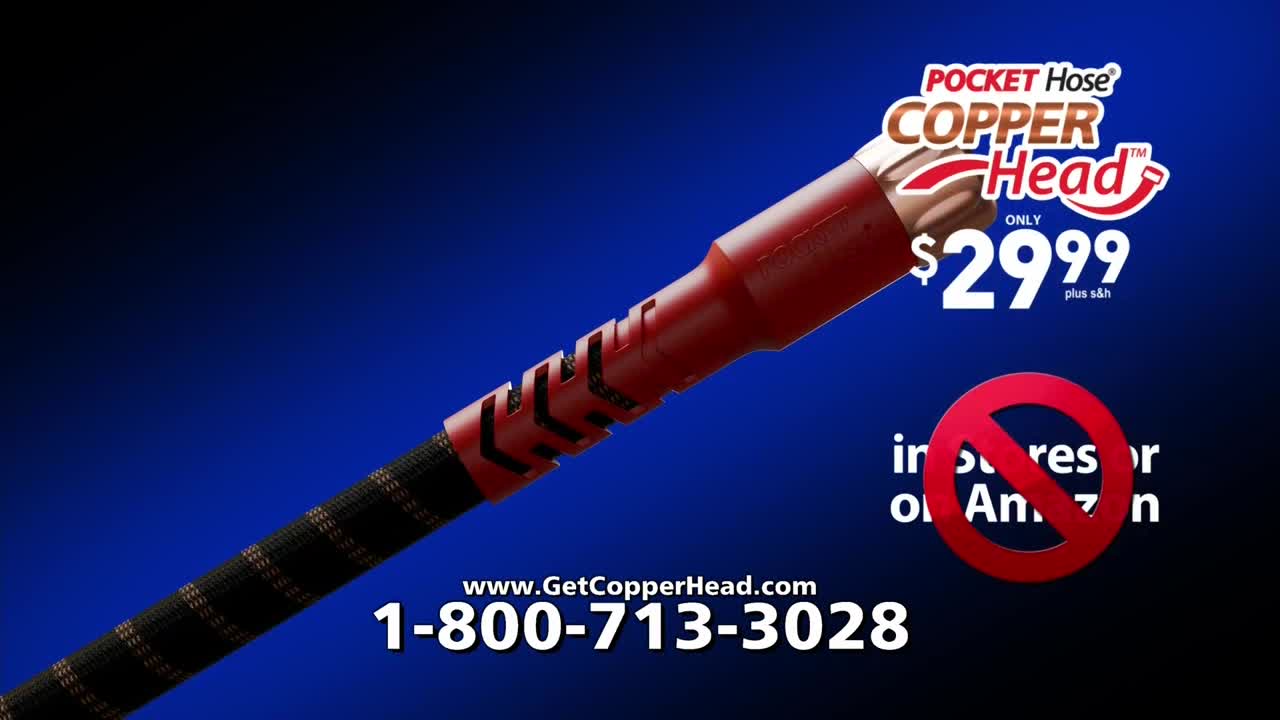 A red and black hose with the name "Copper Head" is angled across a blue background. The ad states the hose is $29.99 and not available in stores or on Amazon.

