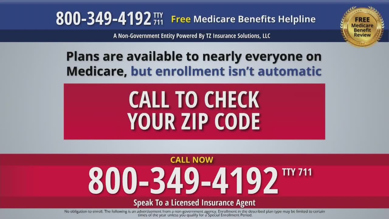 A screen displays an advertisement for Medicare benefits, with a phone number prominently featured in red. The text urges viewers to call to check their zip code.
