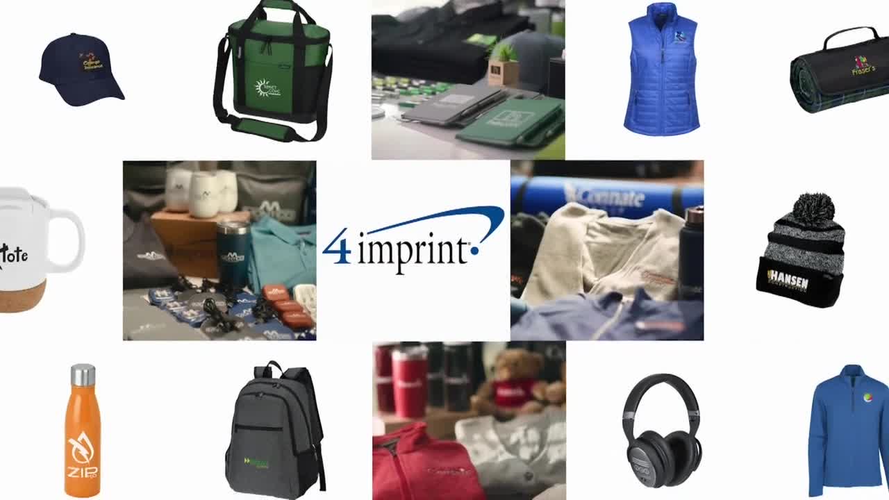 A collection of promotional items, including hats, bags, and apparel, is arranged around the 4imprint logo. The items are presented on a white background, likely for a catalog or website.
