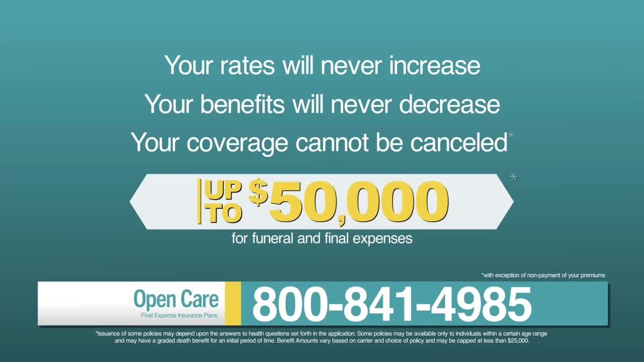 A teal background displays white text promising consistent rates and coverage. Below, a yellow arrow points to a bold "$50,000" for final expenses, followed by a phone number.
