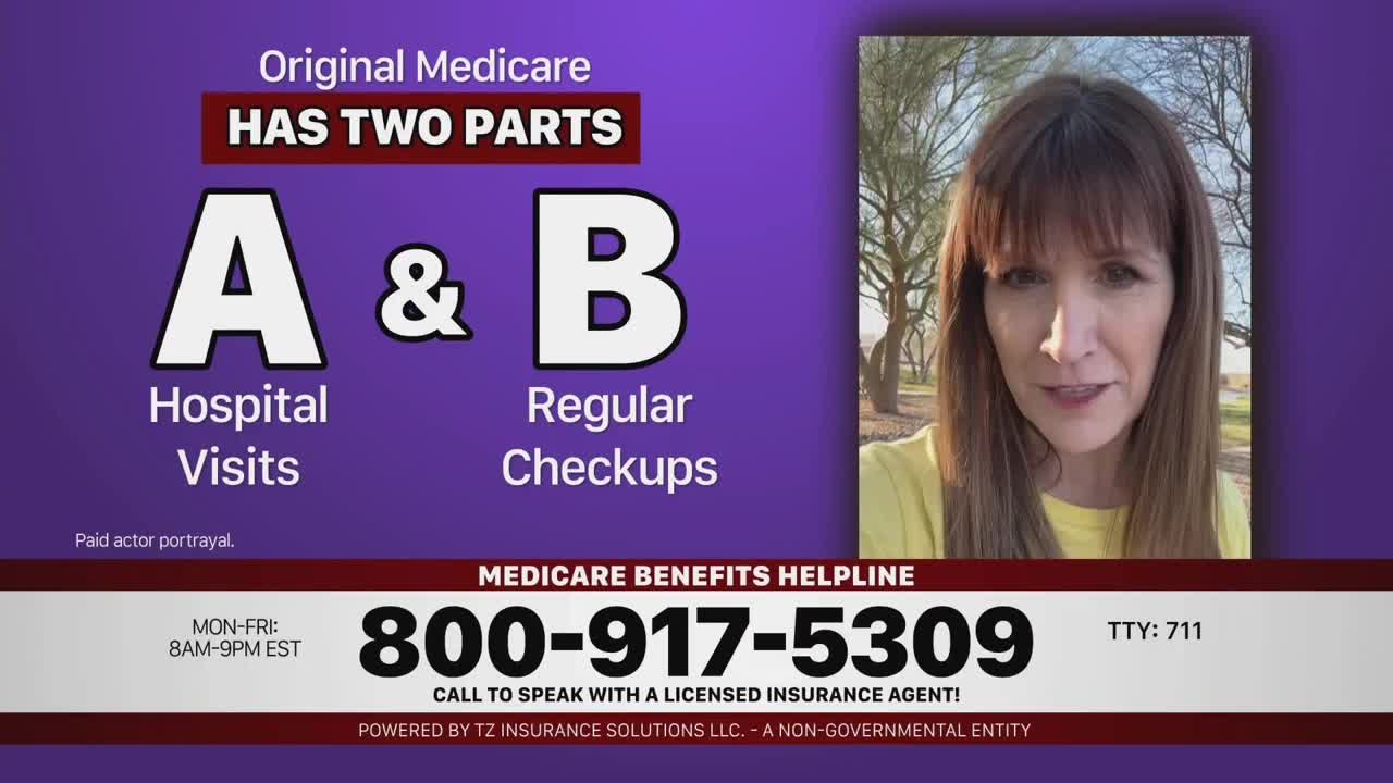 A woman in a yellow shirt speaks directly to the camera, with a park-like background behind her. Beside her, large letters explain the two parts of Original Medicare.
