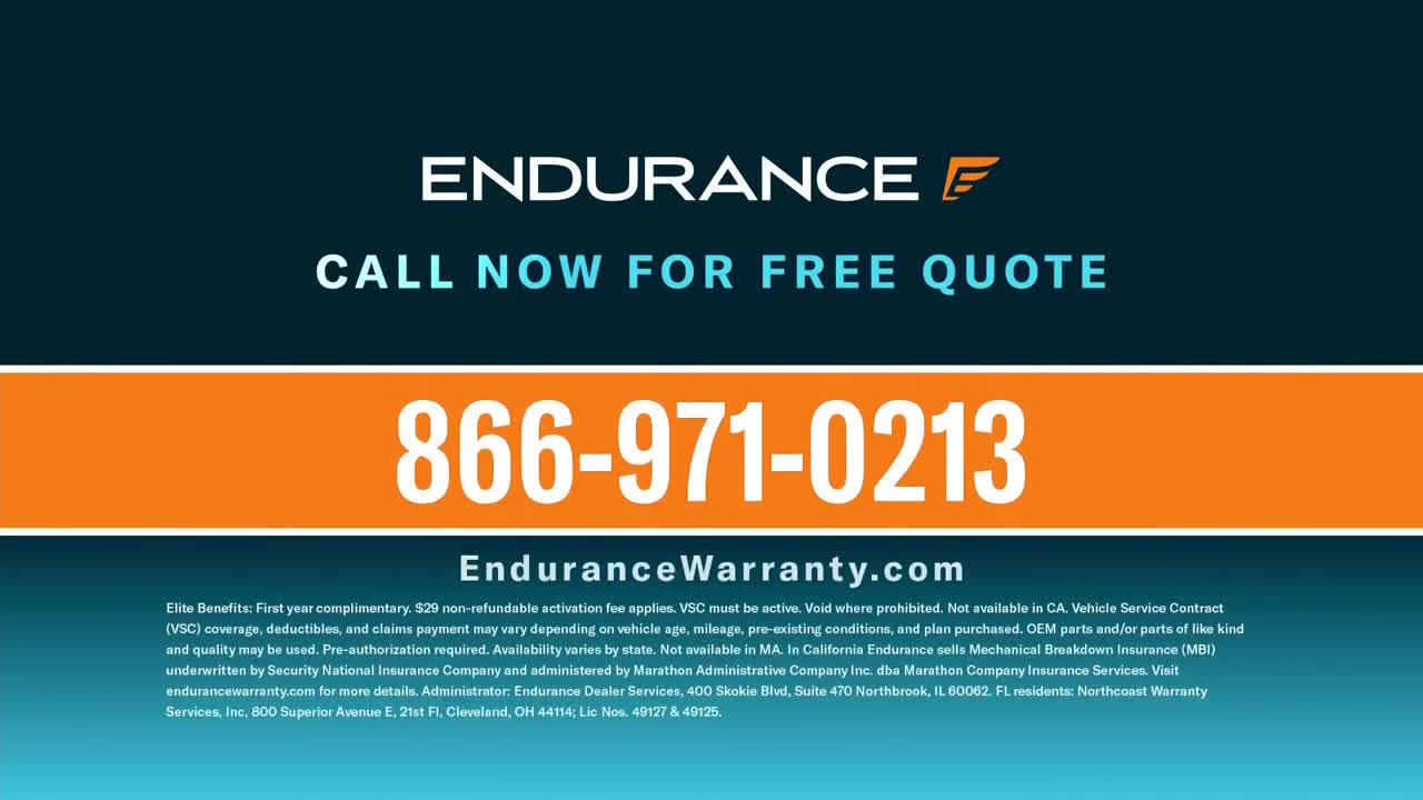 A commercial for Endurance Warranty fills the screen, its phone number prominent against an orange background. The ad promises a free quote, inviting viewers to call now.
