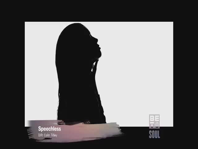A black silhouette of a person is positioned against a white background, their head tilted upwards. The BET Soul logo is visible in the corner, and the words "Speechless" and "DIR: Colin Tilley" are displayed at the bottom.
