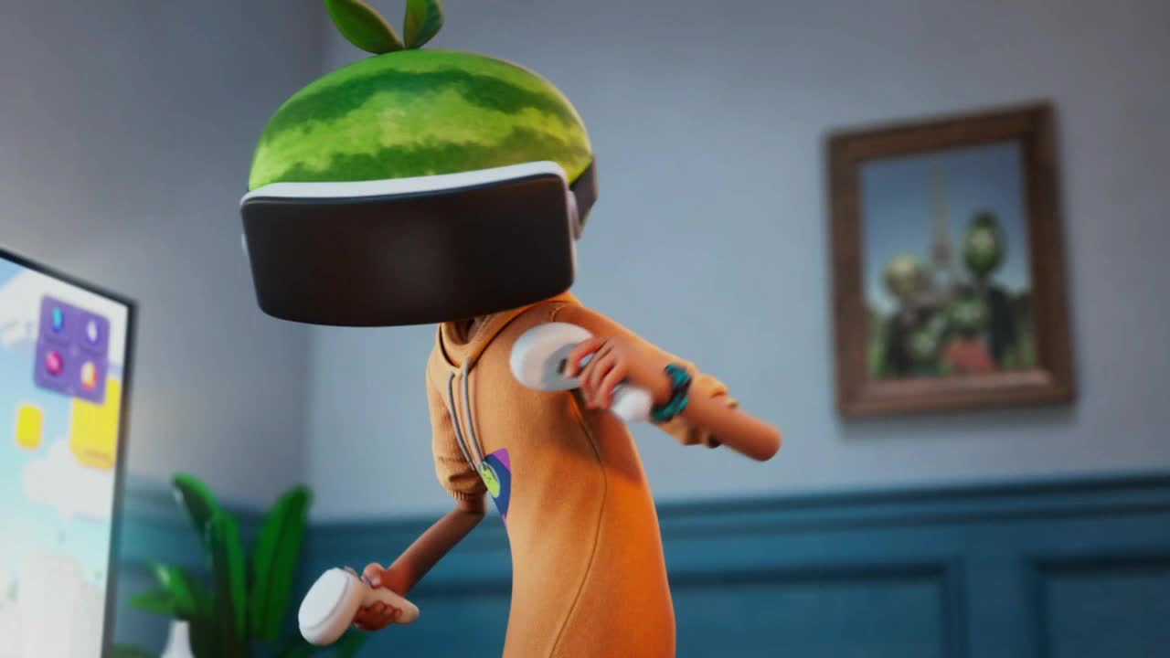 A person wearing a watermelon helmet and VR headset holds two white controllers, arms extended. The figure is in a brightly lit room, with a TV and framed art on the wall.
