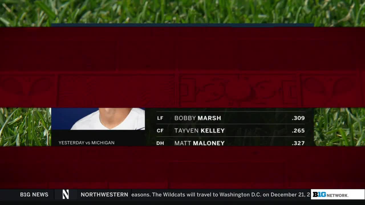 A Big Ten Network graphic displays baseball stats, including batting averages for Bobby Marsh, Tayven Kelley, and Matt Maloney. The screen also notes a game between Northwestern and Michigan.
