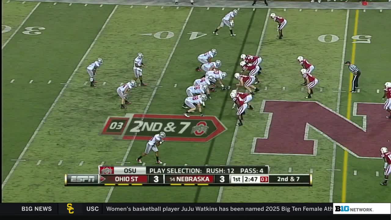The Ohio State offense lines up against Nebraska on a second-and-seven play. The Big Ten Network broadcast shows the score as tied, with just under three minutes left in the first quarter.
