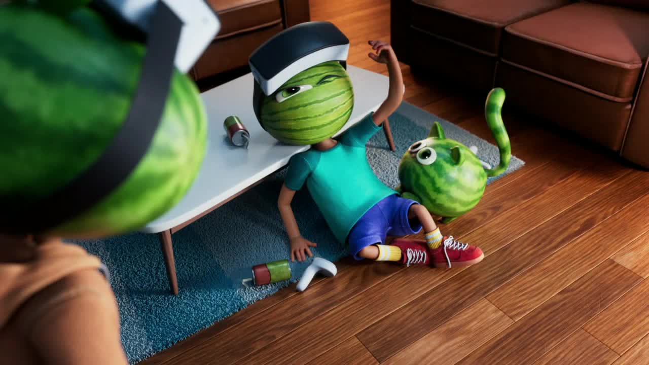 A watermelon-headed kid is sprawled on the floor, arm raised, next to a small table. A green, cat-like creature with a watermelon body and a long tail is nearby.

