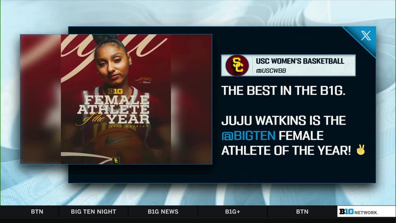 On the Big Ten Network, a graphic highlights JuJu Watkins as the conference's Female Athlete of the Year. The image of Watkins, holding a basketball, is displayed alongside text celebrating her achievement.
