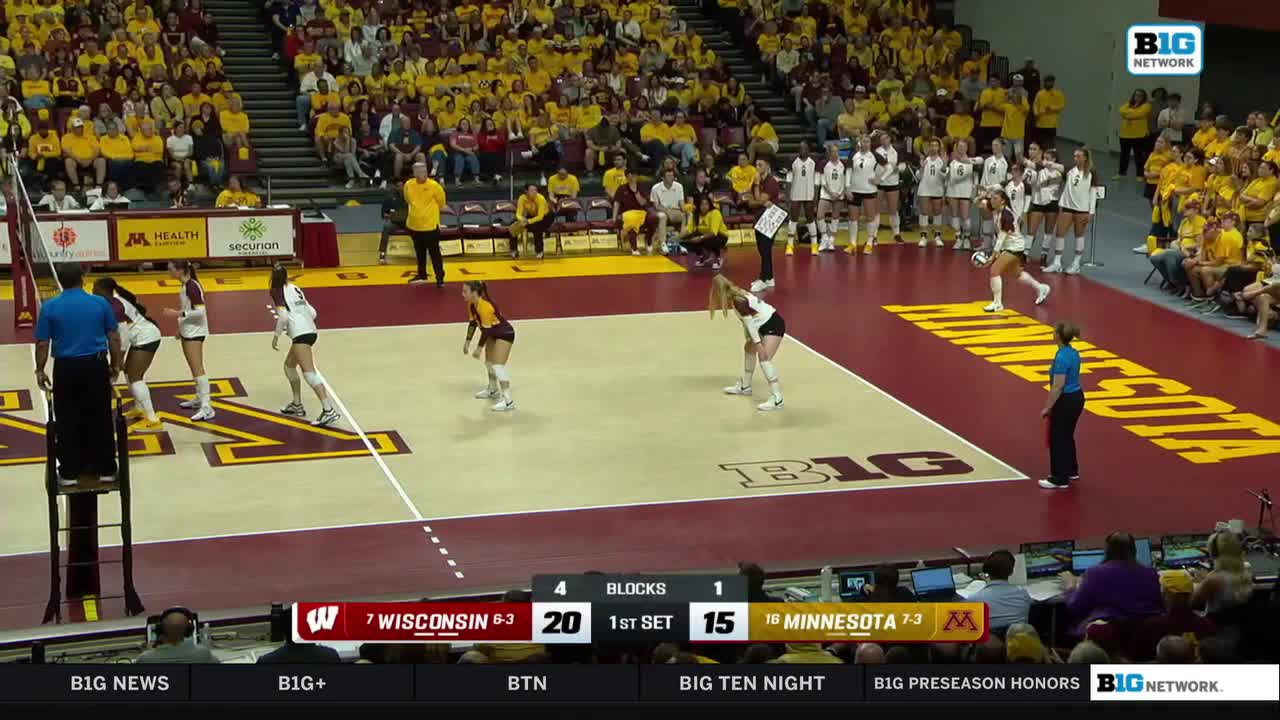 A volleyball game is underway, with players in white and maroon uniforms facing off against those in gold and maroon. Wisconsin leads Minnesota in the first set, as broadcast by the Big Ten Network.
