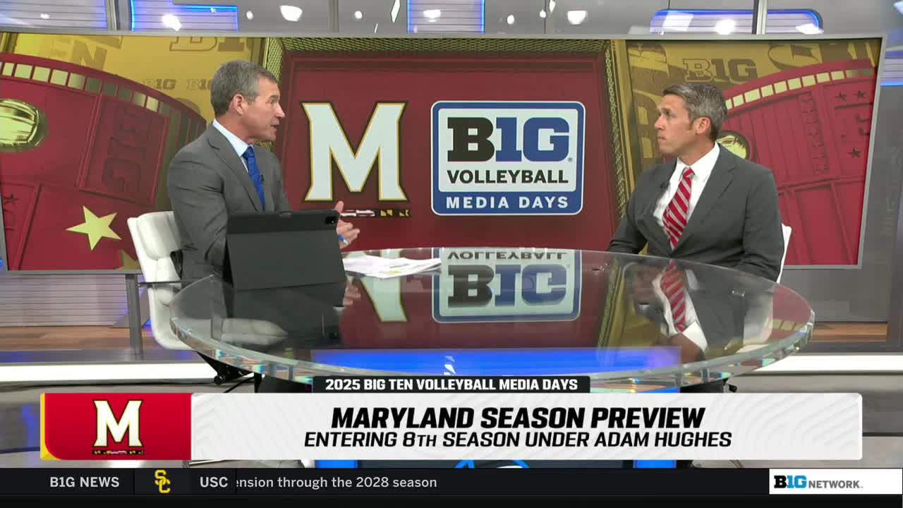 Two men in suits sit at a clear desk, discussing the upcoming Maryland volleyball season on the Big Ten Network. A graphic below them announces the preview, highlighting Adam Hughes's eighth season.
