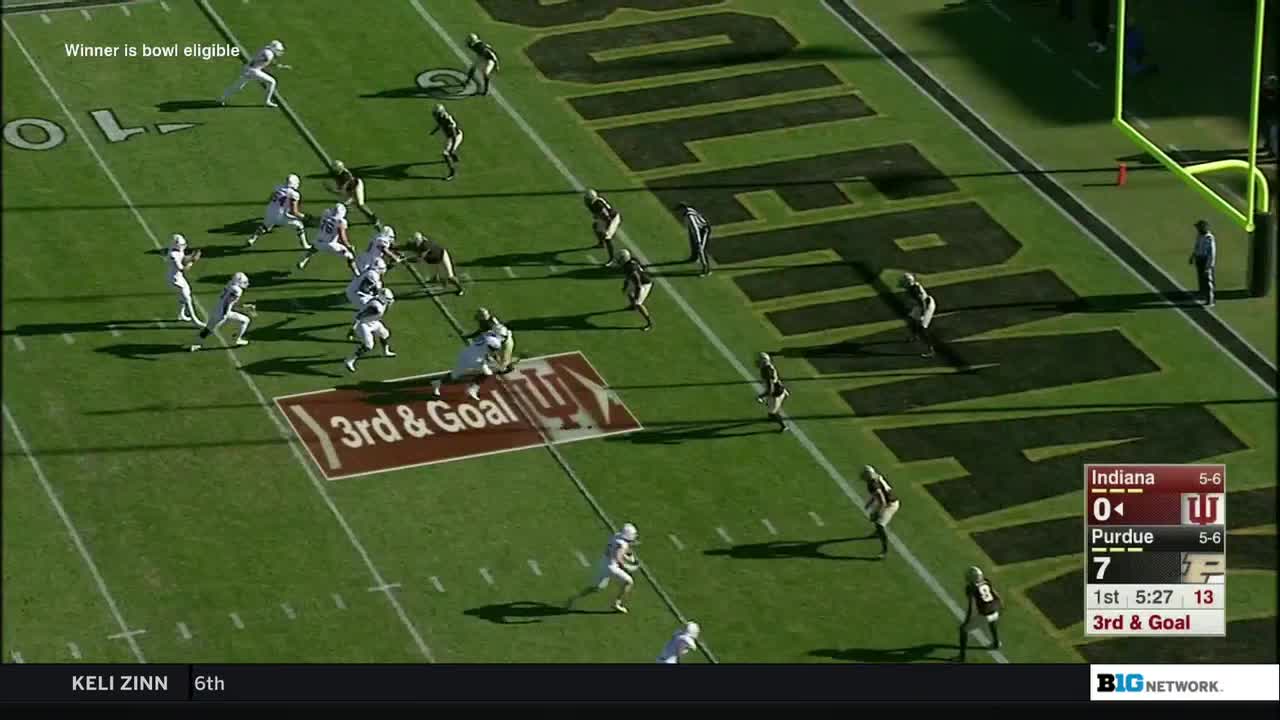 The Indiana offense is lined up on 3rd and goal, trying to score. A Purdue defender is sprinting toward the end zone, while the play unfolds.
