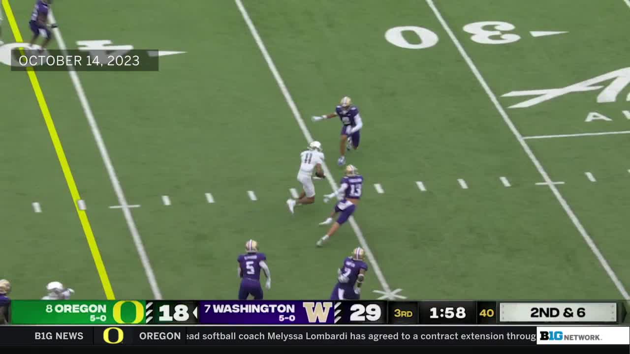 The Oregon player in white sprints toward the end zone, pursued by Washington defenders in purple. It's the third quarter of a Big Ten Network game on October 14, 2023, and the score is 29-18.
