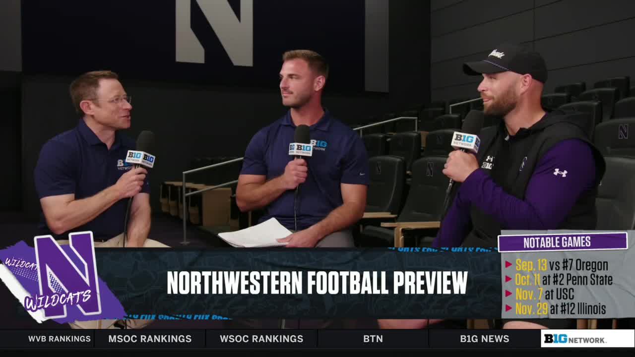Three men sit at a table, each holding a microphone with the Big Ten Network logo. They're discussing Northwestern football, with a graphic listing notable games displayed on screen.
