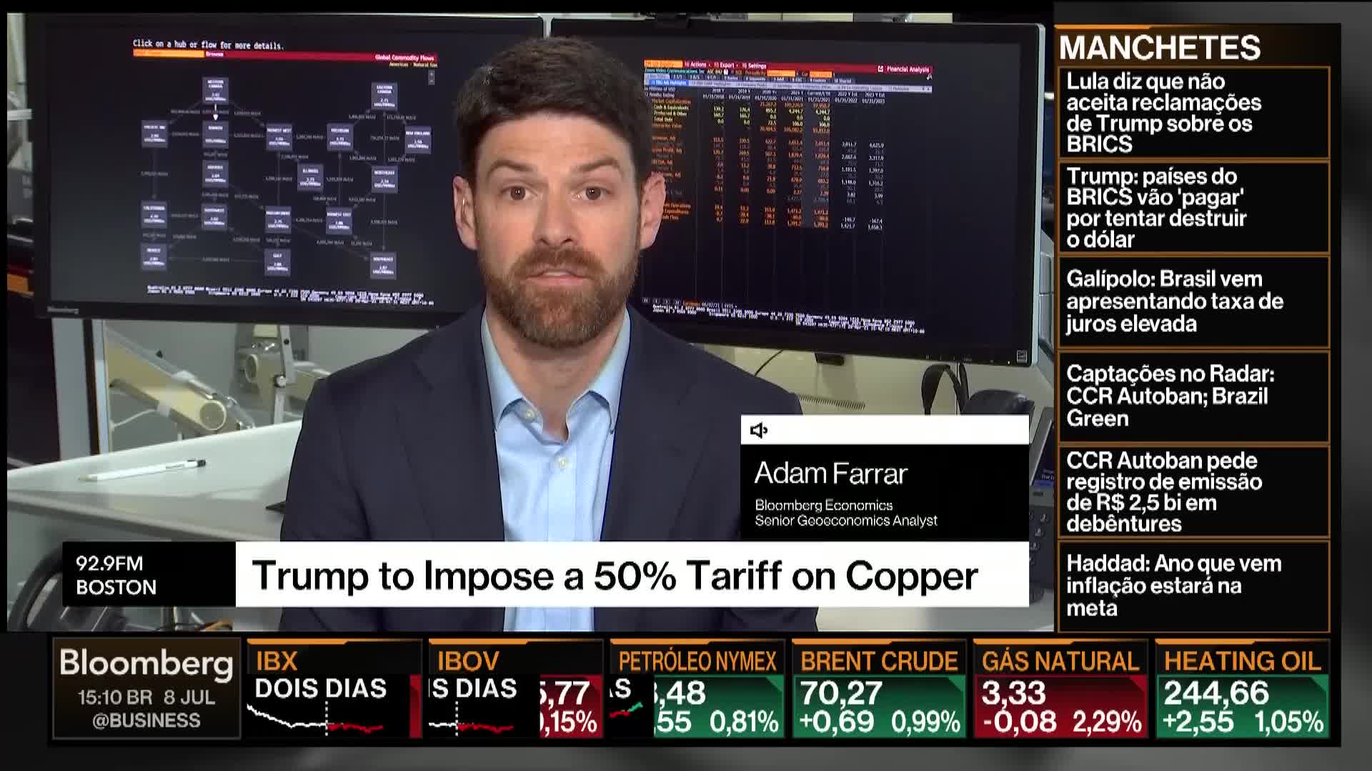 A man in a suit, identified as Adam Farrar from Bloomberg Economics, is speaking on the screen. Below him, a headline reads "Trump to Impose a 50% Tariff on Copper," while financial data scrolls at the bottom.

